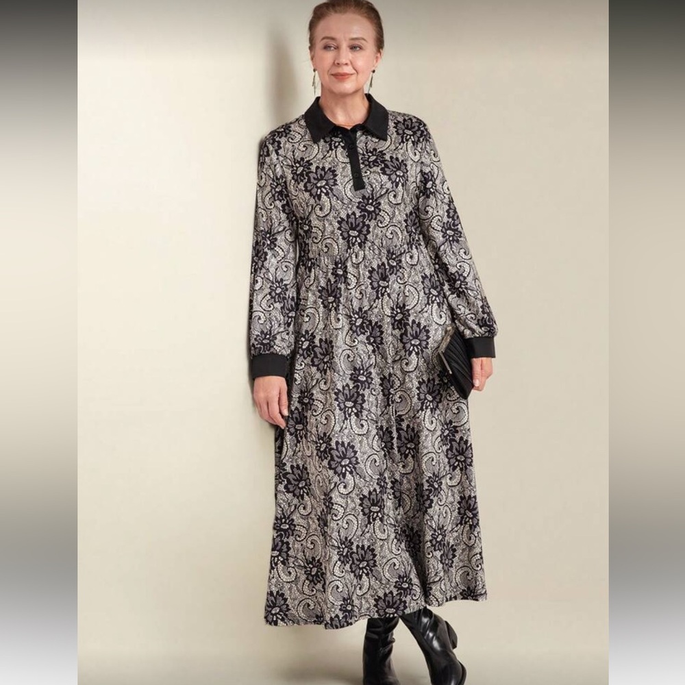 Black & Gray Floral Maxi Dress with Contrast Collar